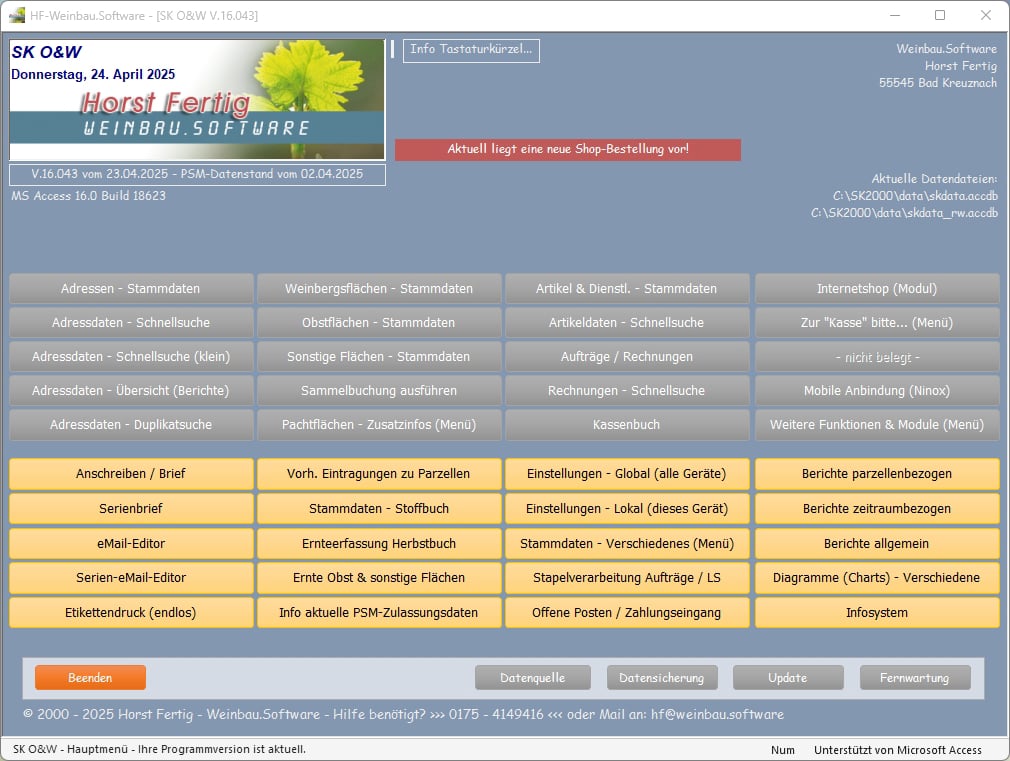 Hauptmenü SK O&W (Startbildschirm)
